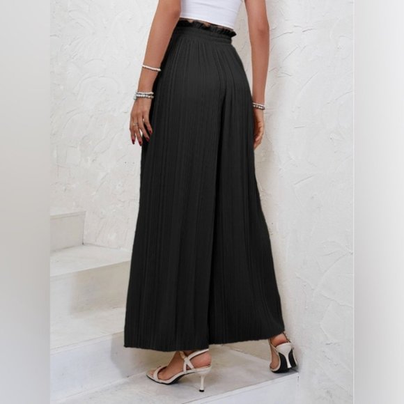 Black Pleated Paperbag Waist Wide Leg Pants - Picture 2 of 5